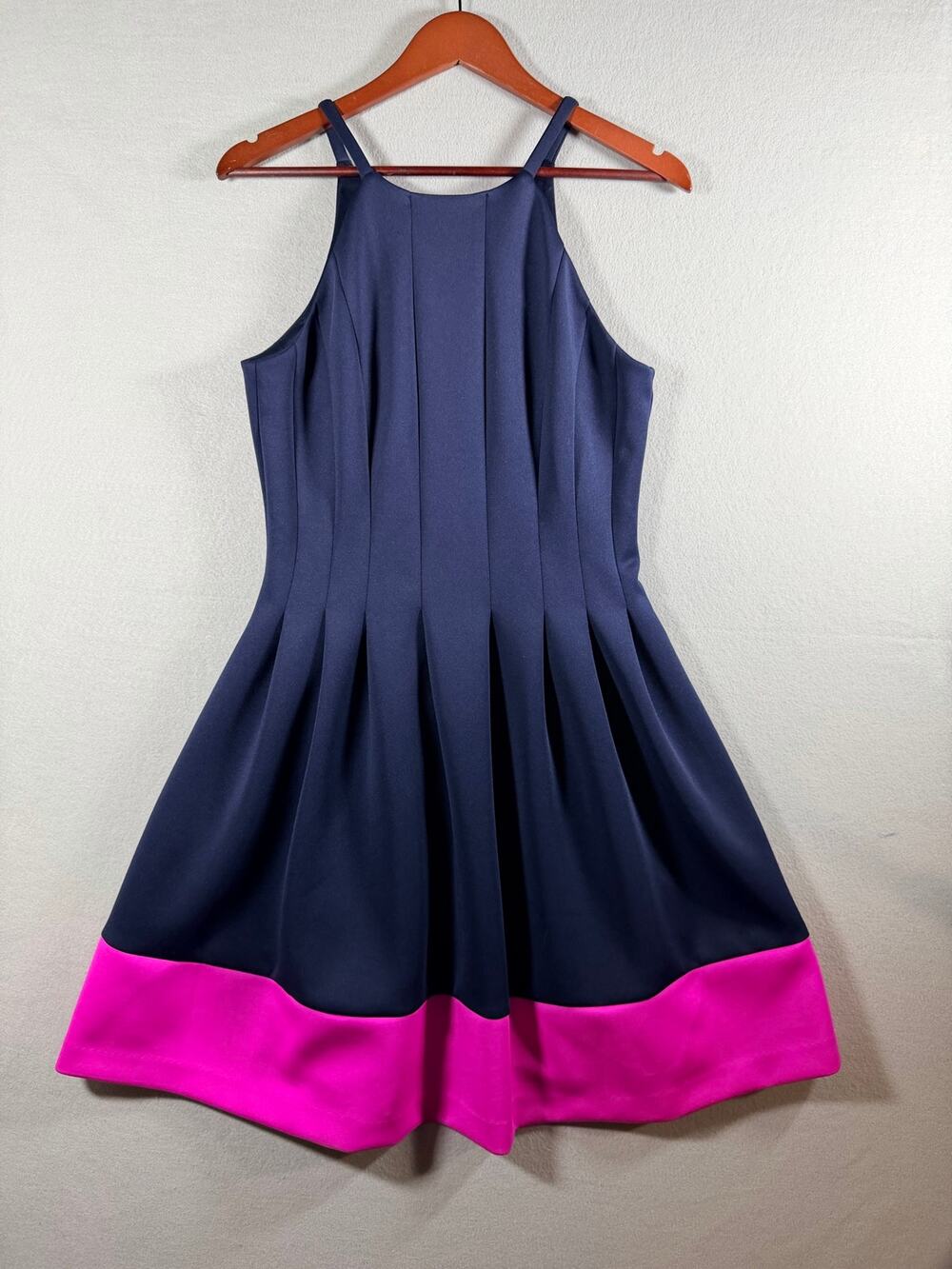 Vince Camuto Womens 10 Navy Pink Colorblock Fit Flare Pleated Stretch Dress